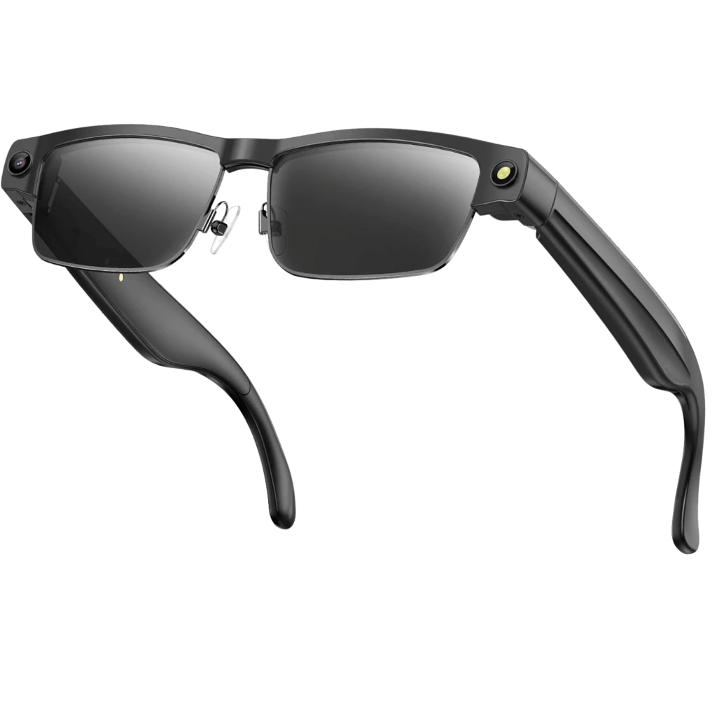 Gafas negras semirimeless con lentes polarizadas oscuras, cámara 8MP integrada en la montura, micrófono lateral y bisagras robustas para uso diario
