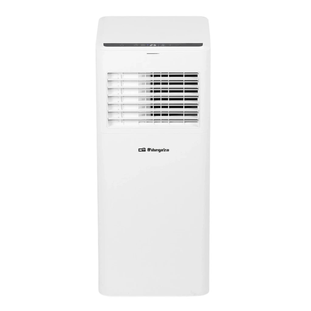 Orbegozo ADR 7000 aire acondicionado portátil blanco, panel superior negro con controles táctiles y rejilla frontal ajustable; diseño compacto vertical