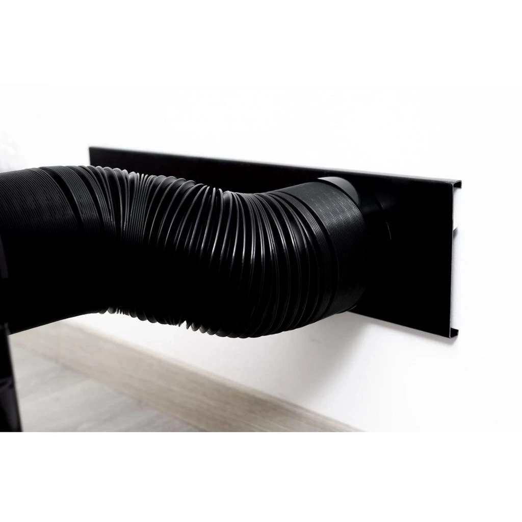 Tubo de extracción negro flexible conectado a placa mural negra, componente del aire acondicionado portátil Glaziar S35PLUS para expulsión de aire exterior