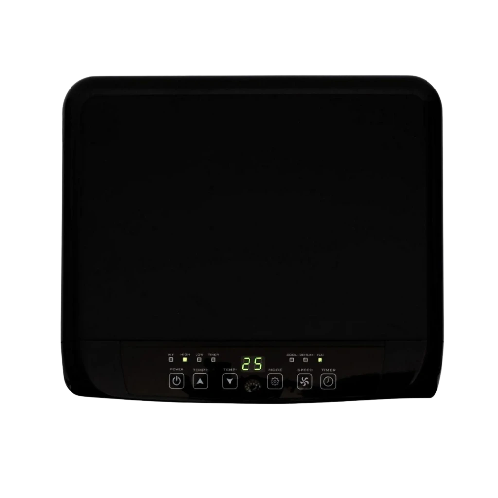 Glaziar S35PLUS aire acondicionado portátil negro, panel frontal negro con display LED verde 25 y botones táctiles: encendido, modos, temporizador y