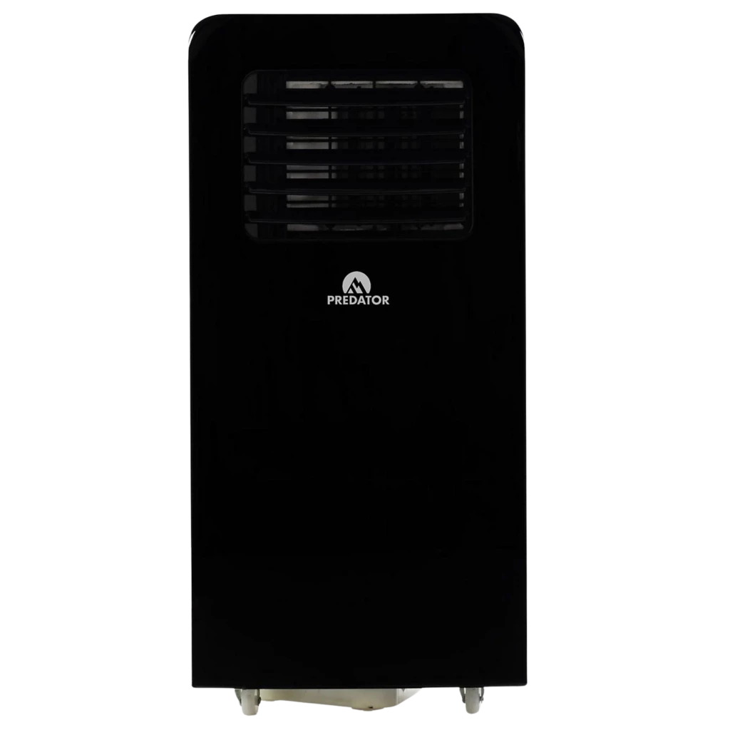 Glaziar S35PLUS ar condicionado portátil preto, frontal liso com grelha de ventilação horizontal e rodízios prateados; design compacto e moderno