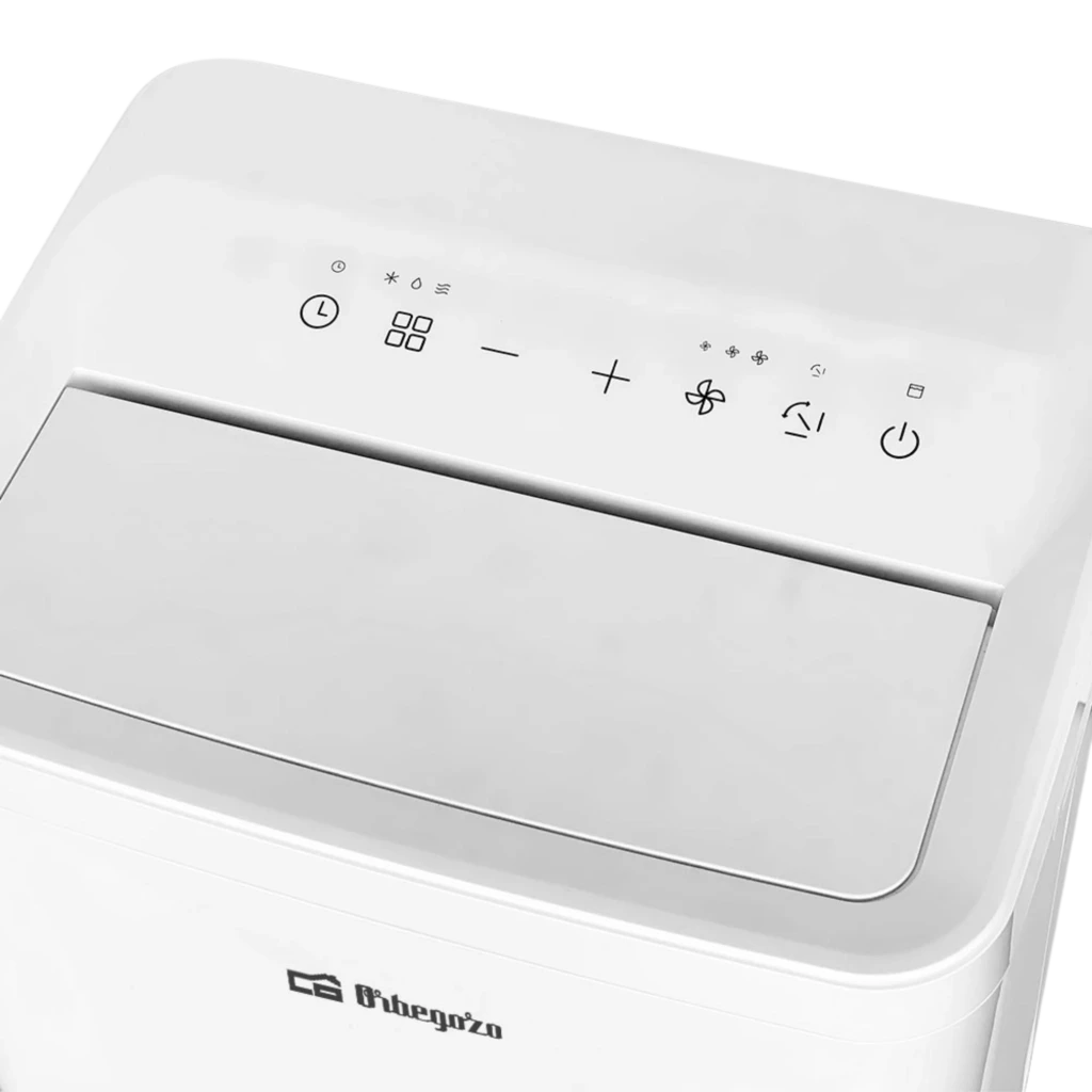 Panneau supérieur blanc avec commandes tactiles: boutons marche, modes, ventilation, minuterie et Wi‑Fi. Finition lisse du climatiseur Orbegozo ADR 12050
