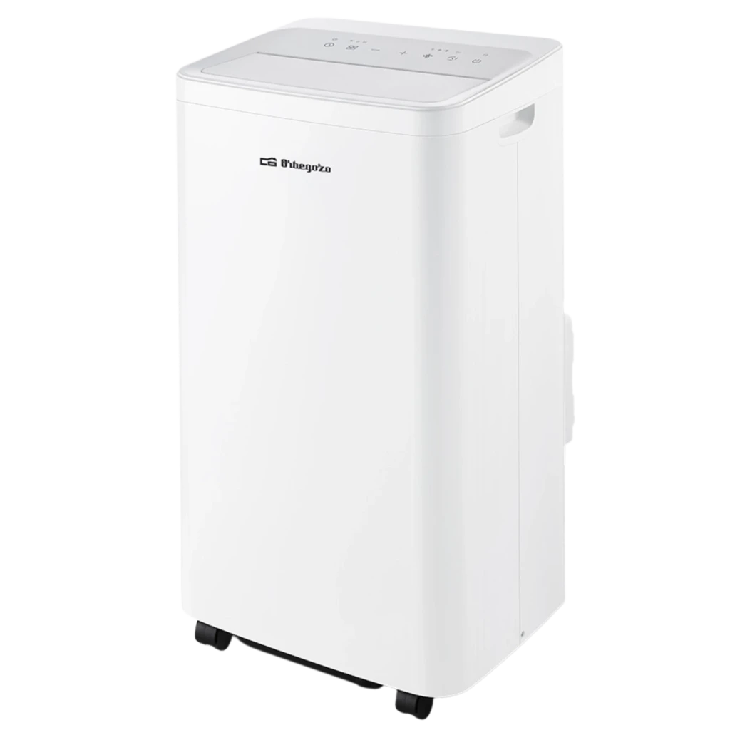 Orbegozo ADR 12050 climatiseur portable blanc, design compact sur roulettes, panneau supérieur tactile avec voyants, poignées latérales intégrées