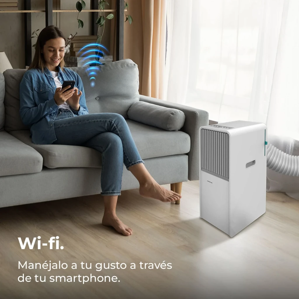 Aire acondicionado portátil blanco Cecotec ForceClima 7550 Style Connected, 7000 BTU/h, compacto con rejilla frontal, ruedas, tubo de salida y control por WiFi