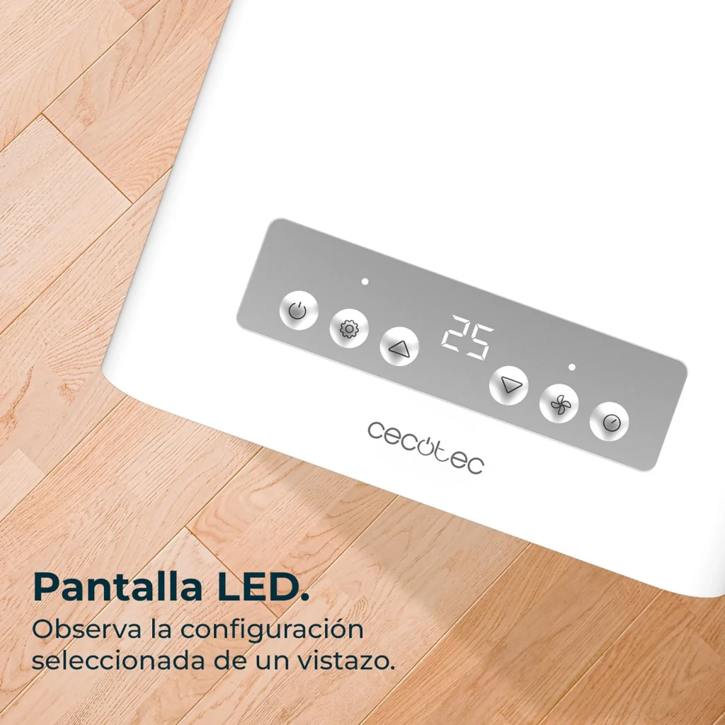Panel de control del aire portátil Cecotec ForceClima 7550 con pantalla LED 25 y botones táctiles para modos, temporizador y velocidad en acabado blanco