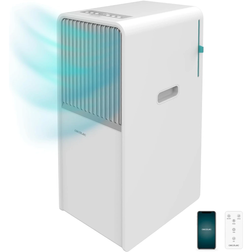 Aire acondicionado portátil blanco con rejilla frontal vertical, panel superior táctil, asa lateral y control por app y mando; flujo de aire azul visible