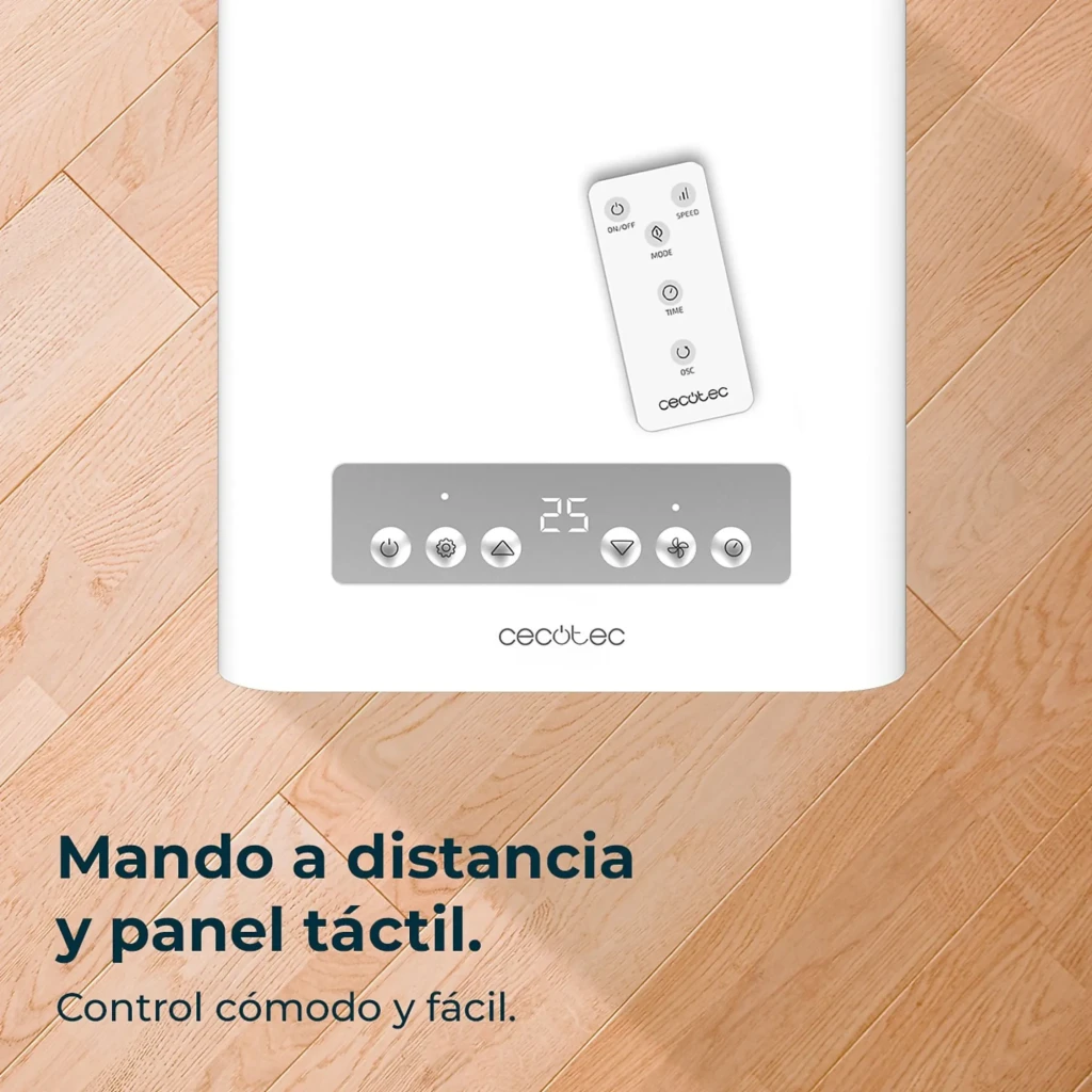 Panel táctil con pantalla LED 25 y botones de control en gris, incluye mando a distancia blanco; diseño minimalista en carcasa blanca para aire portátil