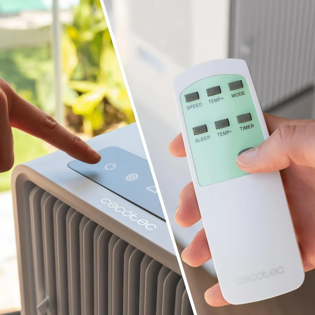 Panel táctil con botón de encendido y modos, y mando a distancia con SPEED, TEMP, MODE, SLEEP y TIMER del Cecotec ForceClima 7550 Style Connected