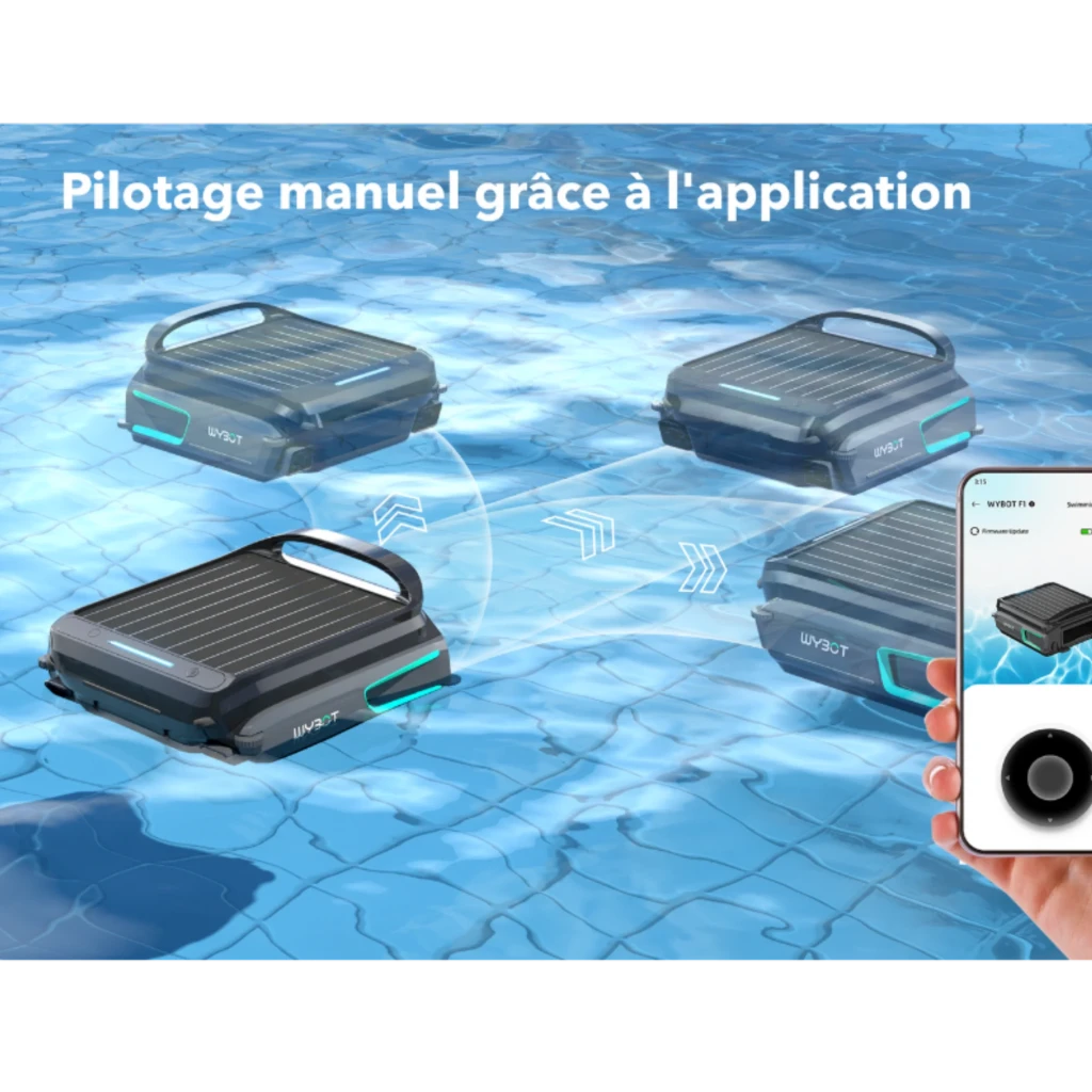 Wybot F1 Skimmer Solar Robot Limpiafondos Piscina con panel solar, asas dobles y control por app; navegación direccional en superficie de la piscina