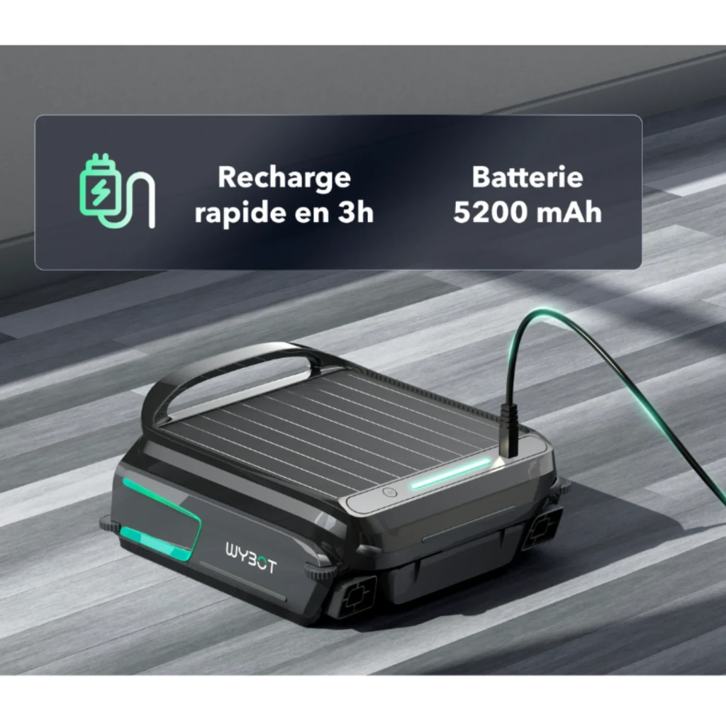 Skimmer solar Wybot F1 con panel fotovoltaico, luces LED verdes y puerto de carga; batería 5200 mAh y recarga rápida en 3 h