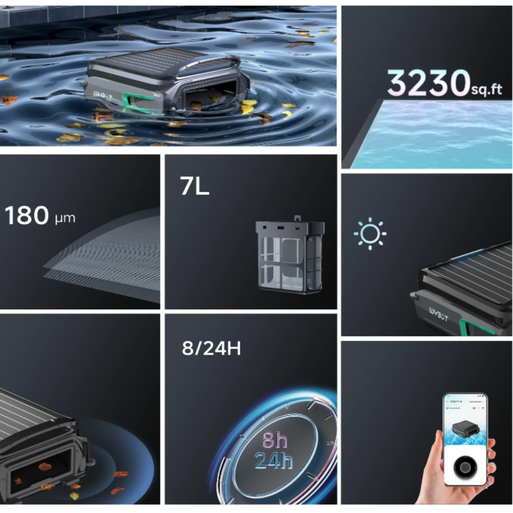 Wybot F1 Skimmer Solar Robot Limpiafondos Piscina con panel solar, filtro 180 µm, canasta 7 L, cobertura 3230 sq ft, modo 8/24 h y control por app