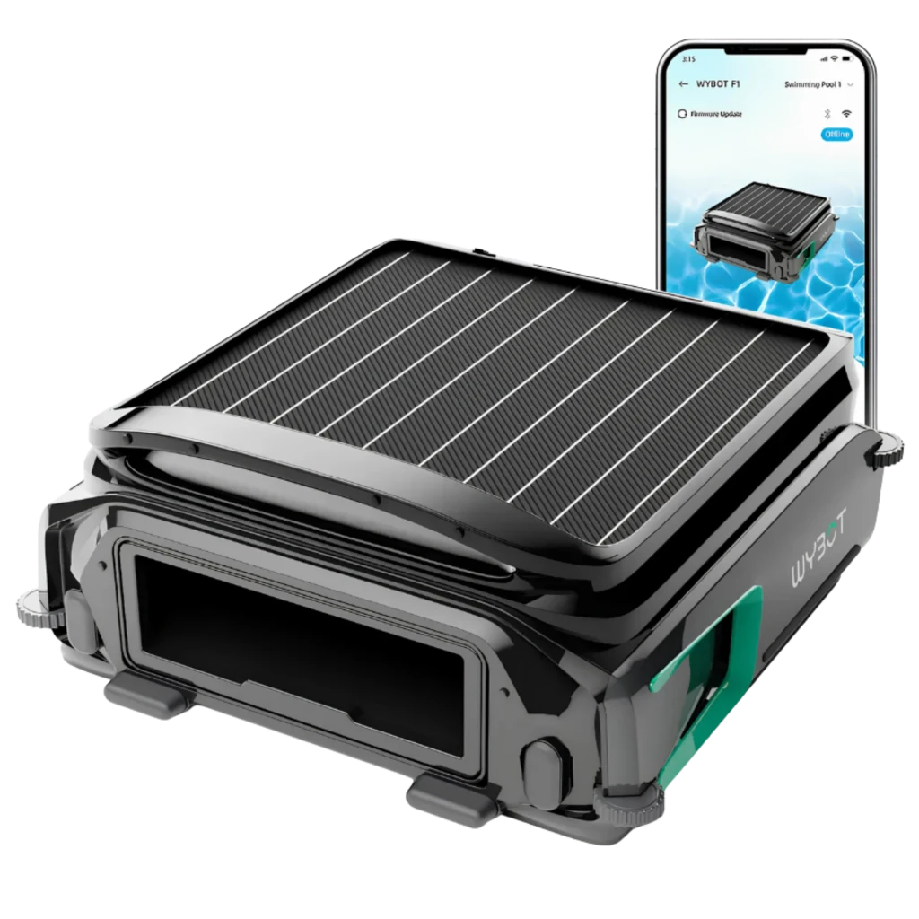 Wybot F1 Skimmer Solar Robot Limpiafondos Piscina con panel solar superior, diseño compacto negro y verde, control por app y entrada frontal de residuos