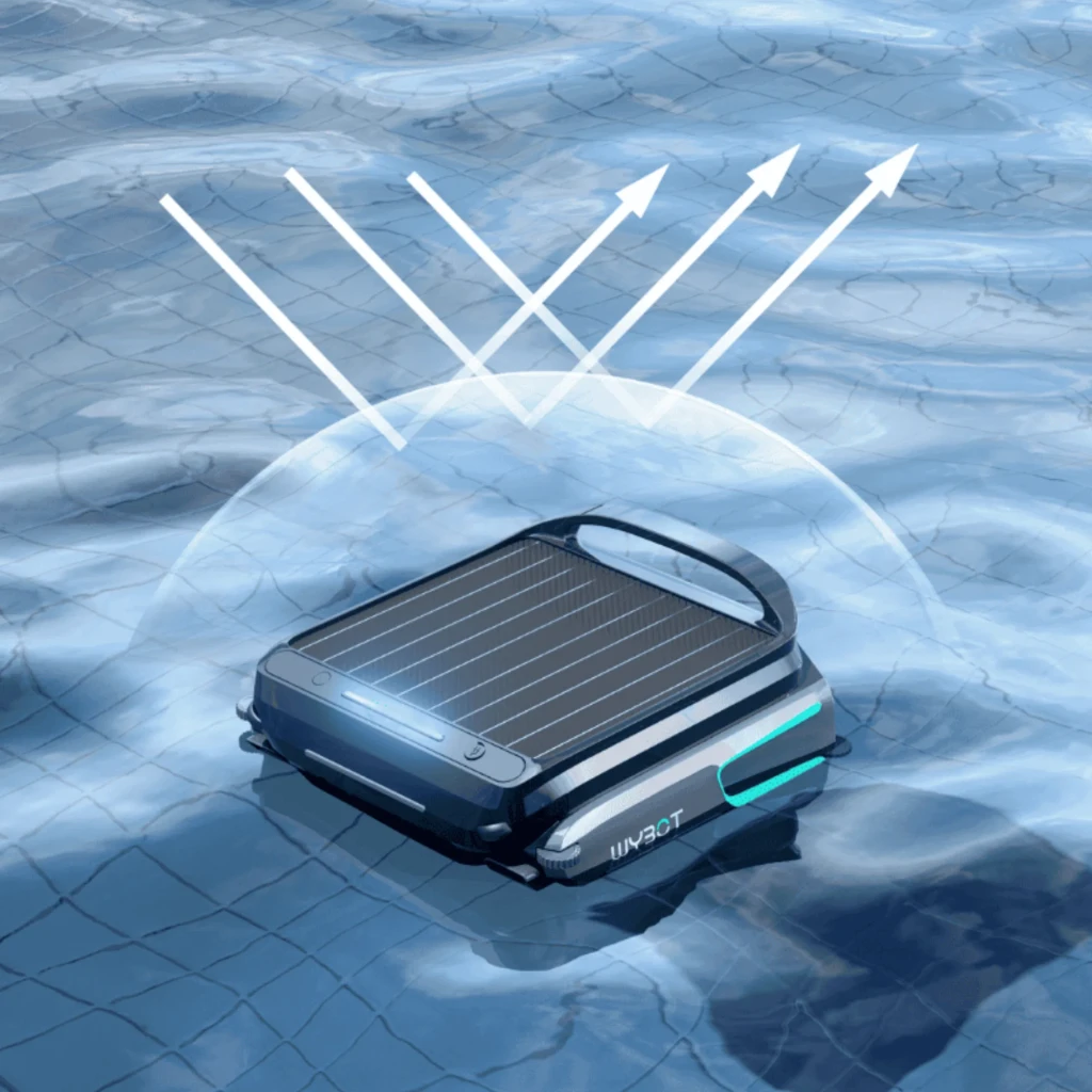 Wybot F1 Skimmer Solar Robot Limpiafondos Piscina con panel solar superior, diseño flotante, luces LED y carcasa negra con detalles turquesa en el agua