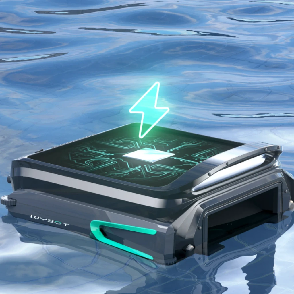 Wybot F1 Skimmer Solar Robot Limpiafondos Piscina con panel solar superior, diseño gris futurista y luz de energía, flotando y aspirando hojas en la