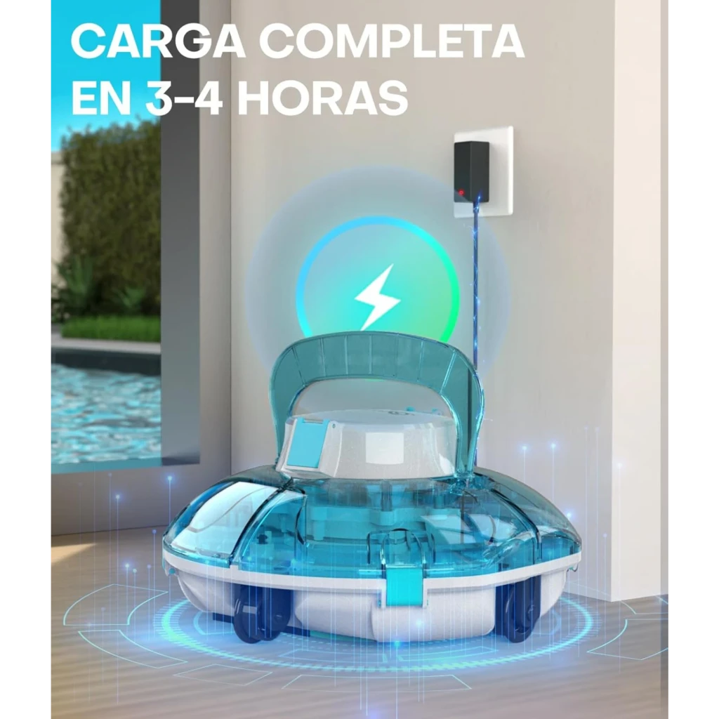 Wybot Winny 200 Robot Limpiafondos Inalámbrico 30 W IPX8 con carcasa azul translúcida, asa superior y base blanca, en estación de carga mural 3-4 h