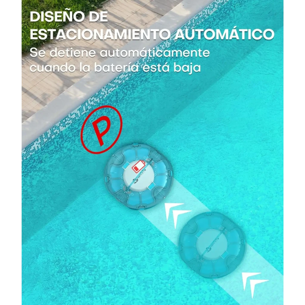 Wybot Winny 200 Robot Limpiafondos inalámbrico IPX8, disco azul con luces y flechas, diseño de estacionamiento automático cuando la batería está baja