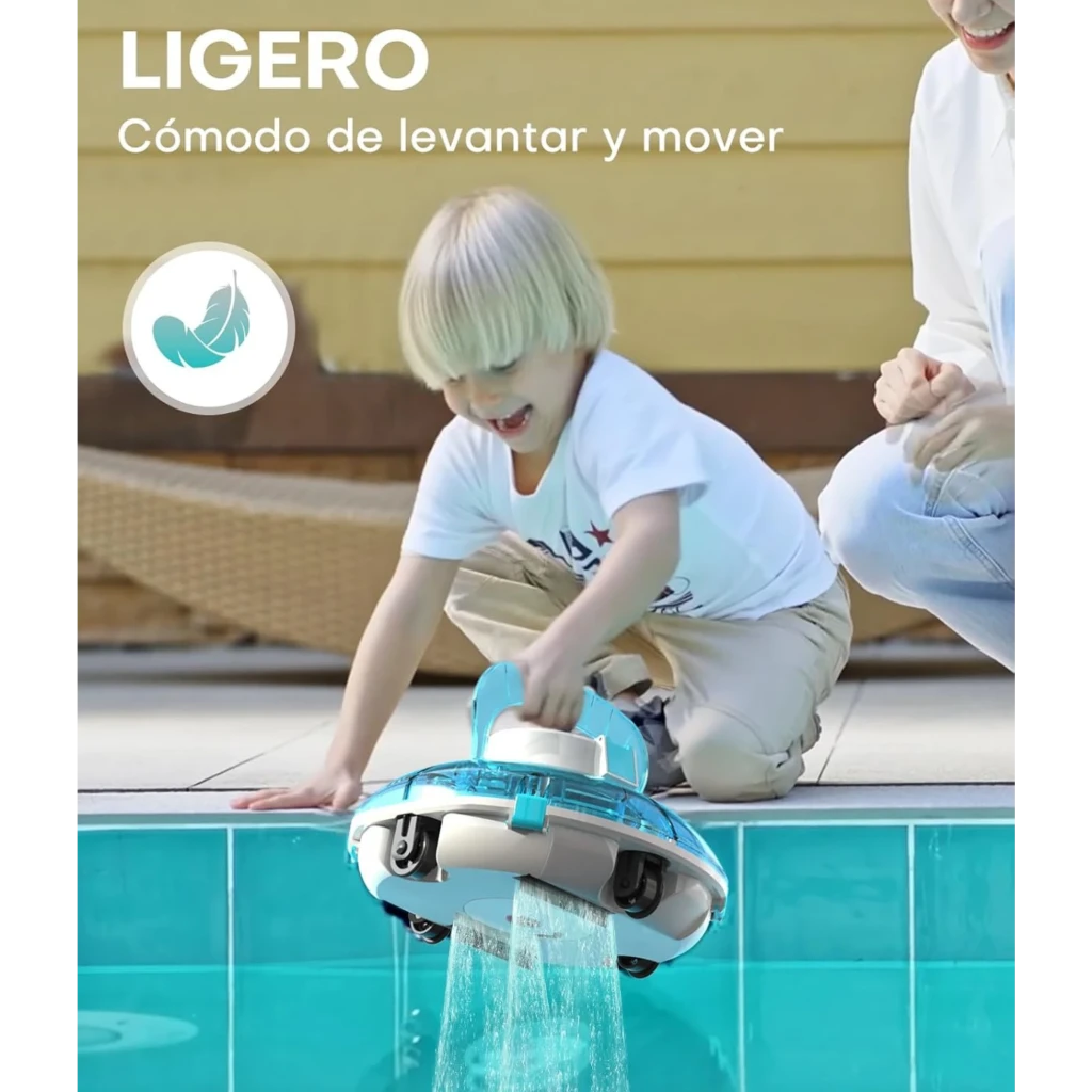 Wybot Winny 200 Robot Limpiafondos Inalámbrico 30 W IPX8, diseño ligero con asa superior, carcasa azul y blanca, ruedas grandes y salida de agua potente