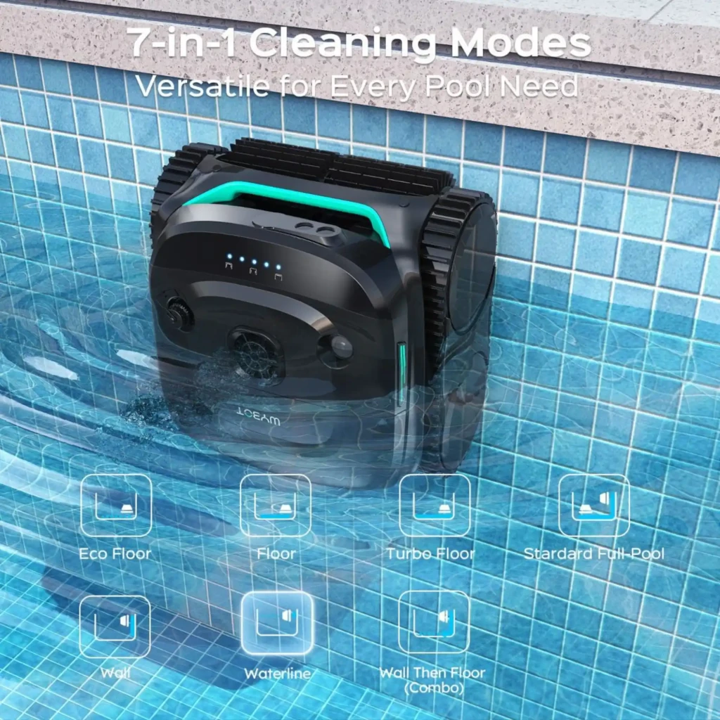 Wybot C2 Pro Robot Limpiafondos Inalámbrico negro con orugas laterales y luces LED, limpiando pared de piscina; muestra modos Eco, Floor, Turbo y Waterline