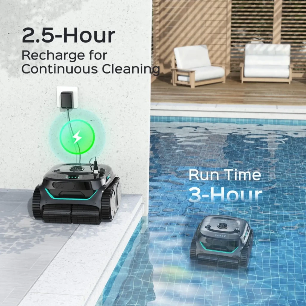 Wybot C2 Pro Robot Limpiafondos Inalámbrico gris con orugas, luz de carga verde, base de recarga en pared y funcionamiento sumergido en piscina azulejada