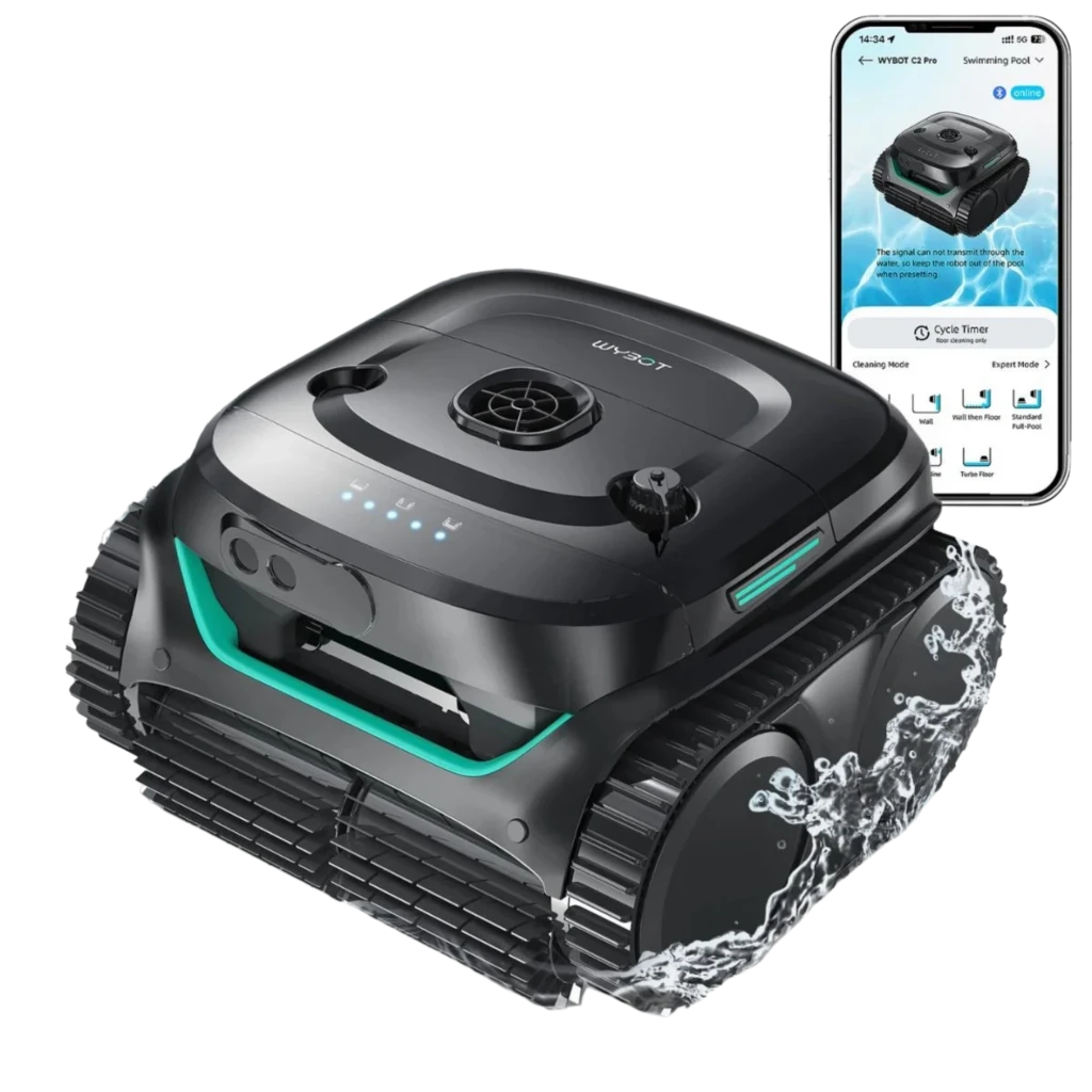 Wybot C2 Pro Robot Limpiafondos Inalámbrico en negro con orugas laterales, luces LED de estado, salpicaduras de agua y app móvil mostrando controles y estado
