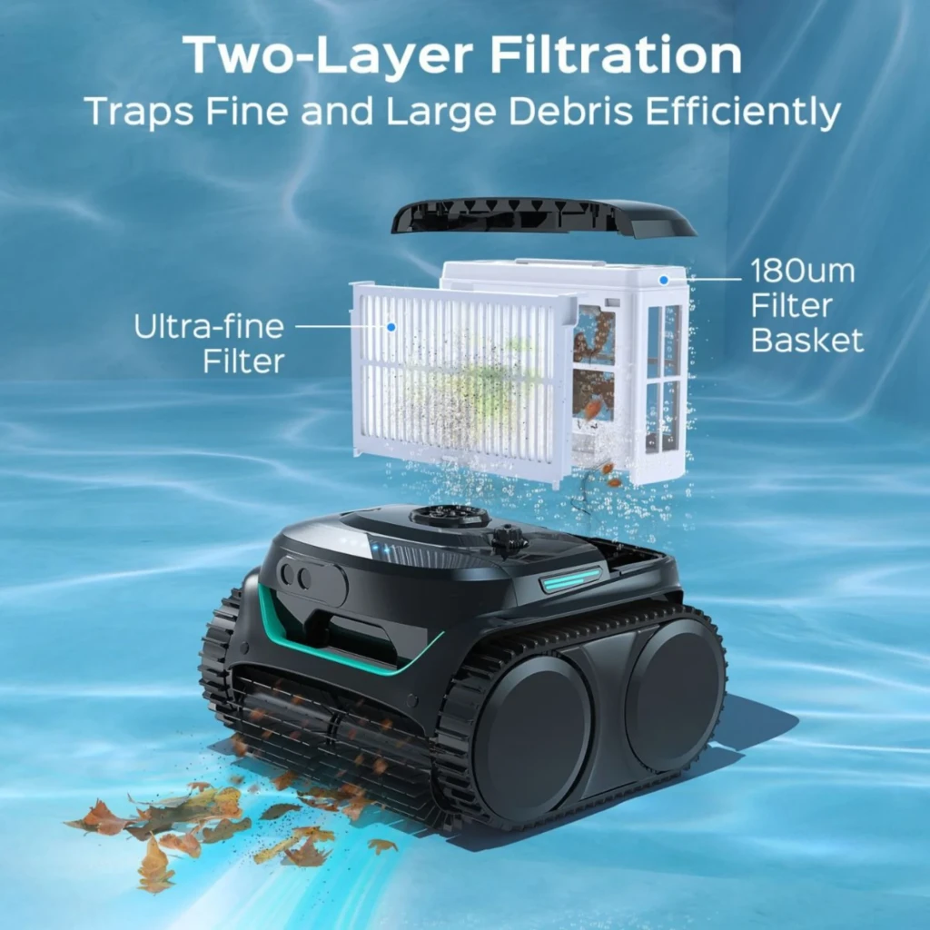Wybot C2 Pro Robot Limpiafondos Inalámbrico con orugas, carcasa negra con detalles turquesa y cesto de filtro de doble capa 180 µm atrapando hojas y arena