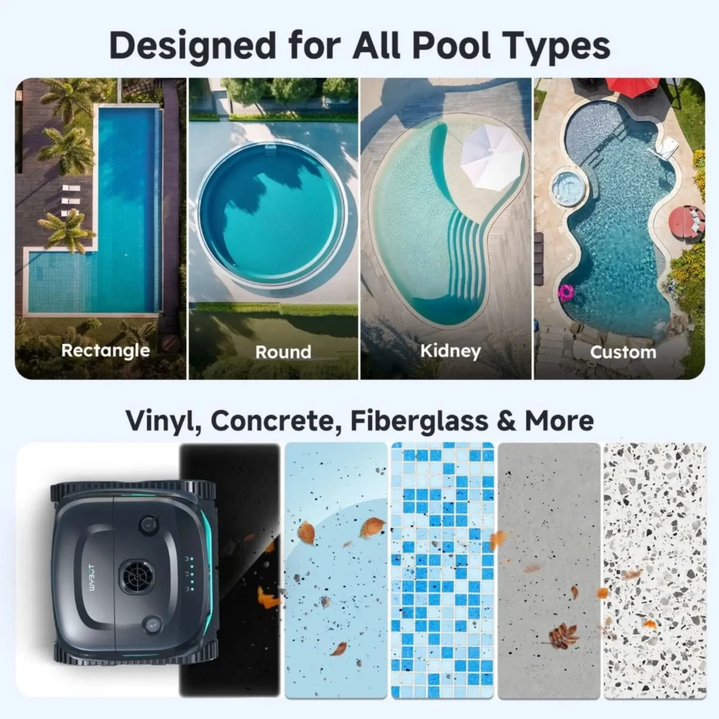 Wybot C2 Pro Robot Limpiafondos Inalámbrico para todo tipo de piscinas; diseño compacto negro con luces LED, ruedas anchas y cepillos para hojas y residuos