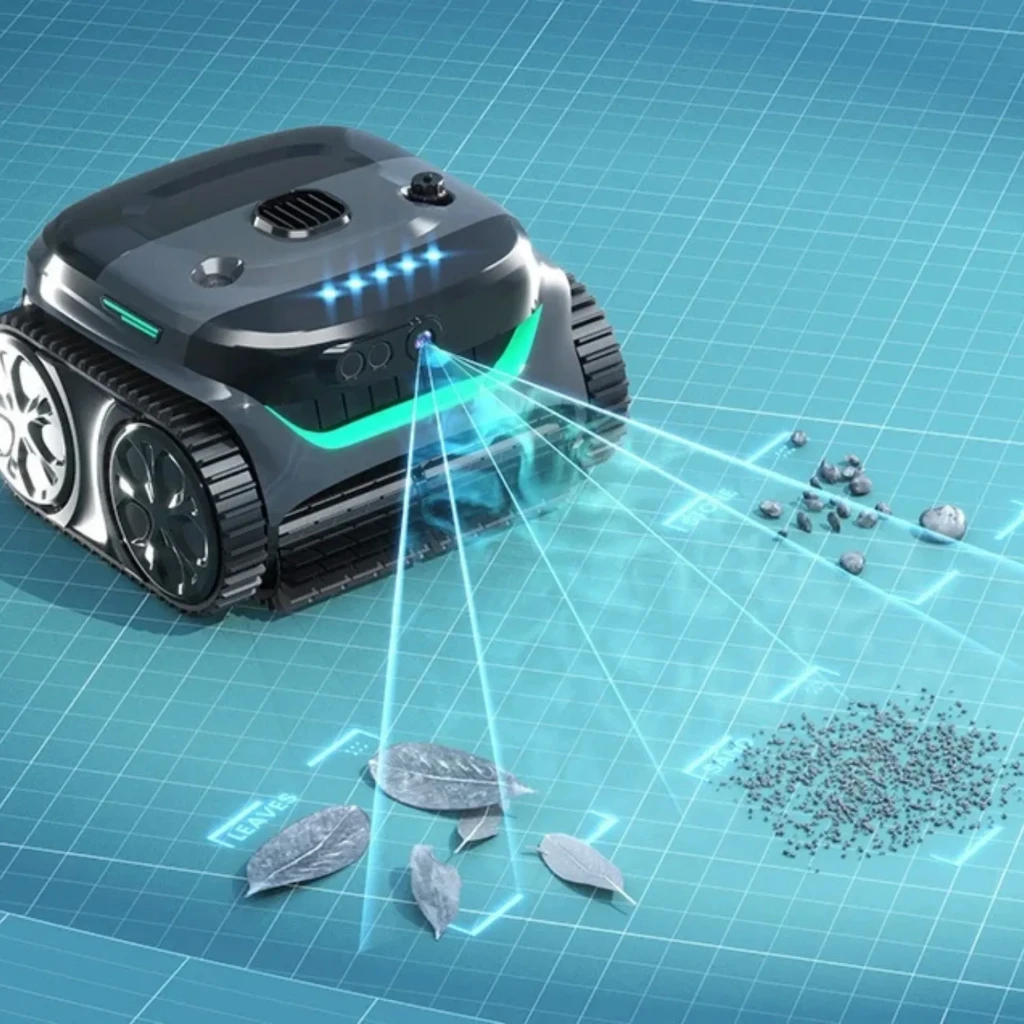Wybot C2 Pro Vision Robot Limpiafondos Visión AI con orugas, luz LED y sensores frontales; detecta hojas, piedras y polvo para limpieza precisa de piscina