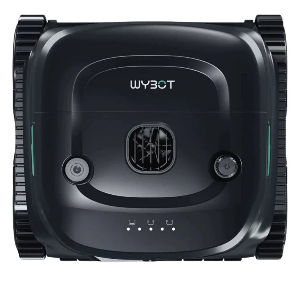 Wybot C2 Pro Vision Robot Limpiafondos Visión AI, cuerpo negro compacto con cámara frontal, rejilla central, luces LED y orugas laterales para piscina