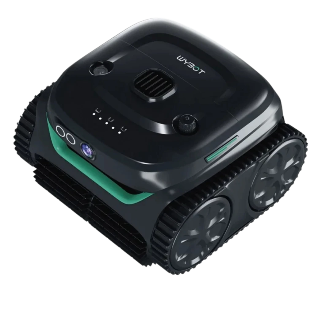 Wybot C2 Pro Vision Robot Limpiafondos Visión AI, diseño compacto negro con orugas dobles, cámara frontal, luces LED y rejilla superior con dial y puerto
