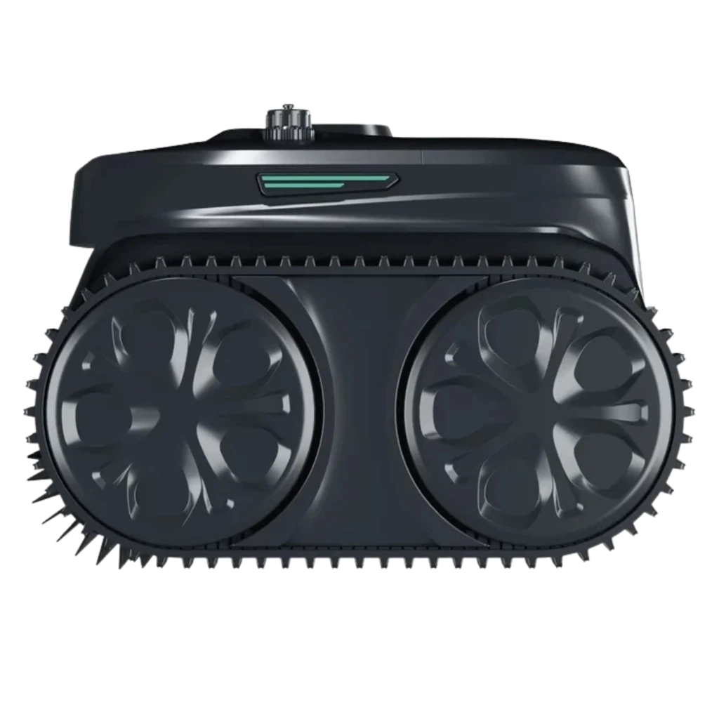 Wybot C2 Pro Vision Robot Limpiafondos Visión AI con orugas de tracción y dos rodillos cepillo frontales; diseño compacto negro y luz indicadora en la parte