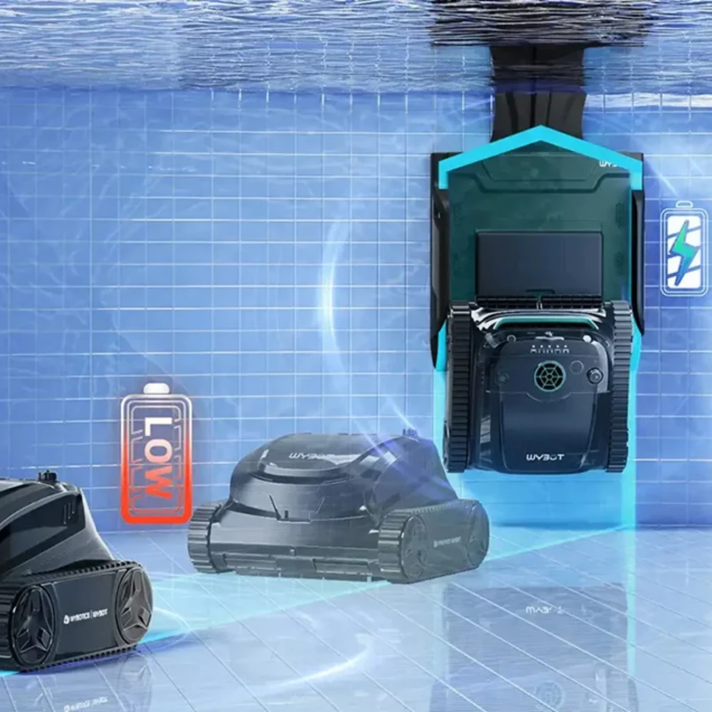 Wybot S2 Solar Vision Robot Limpiador de Piscinas con panel solar, orugas robustas y sensores; carga inteligente y limpieza autónoma bajo el agua