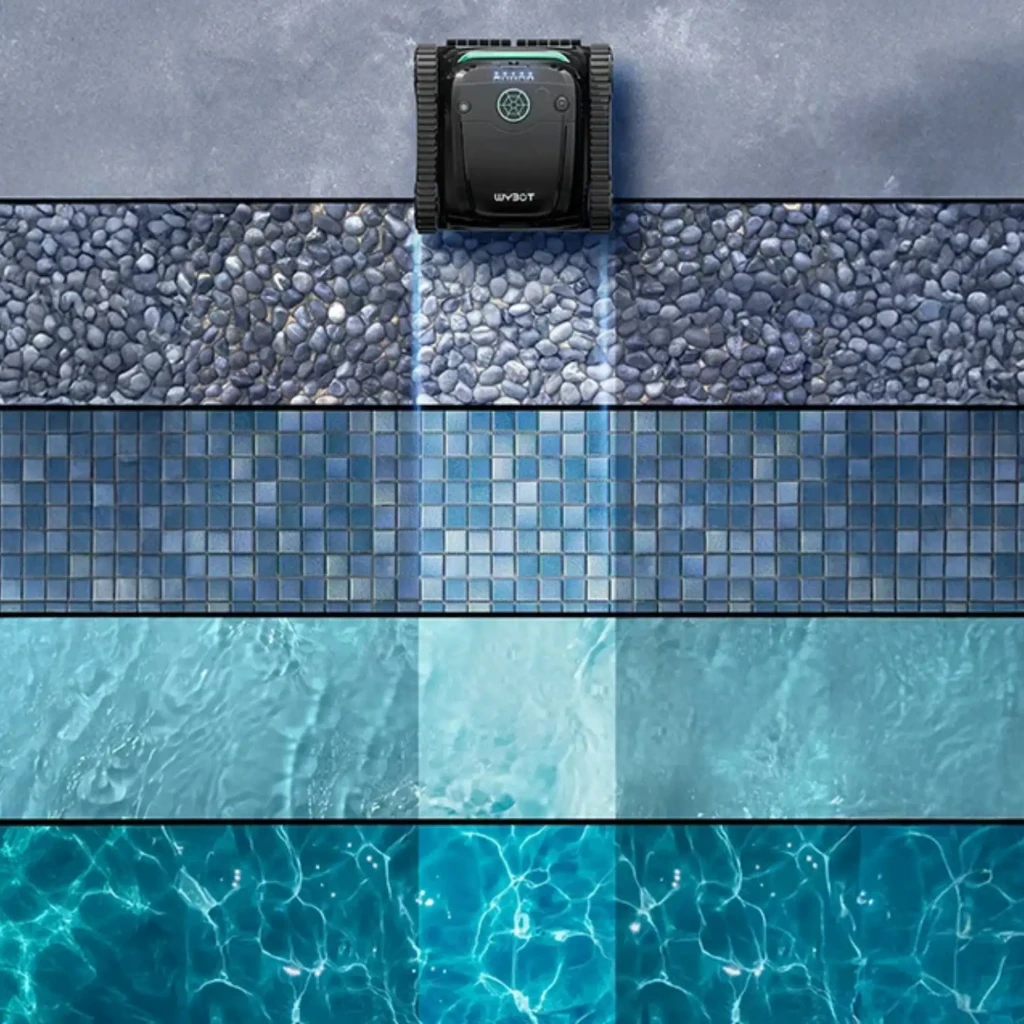 Wybot S2 Solar Vision Robot Limpiador de Piscinas: robot compacto negro con panel solar y luz frontal, muestra franjas de limpieza en pisos y agua de piscina