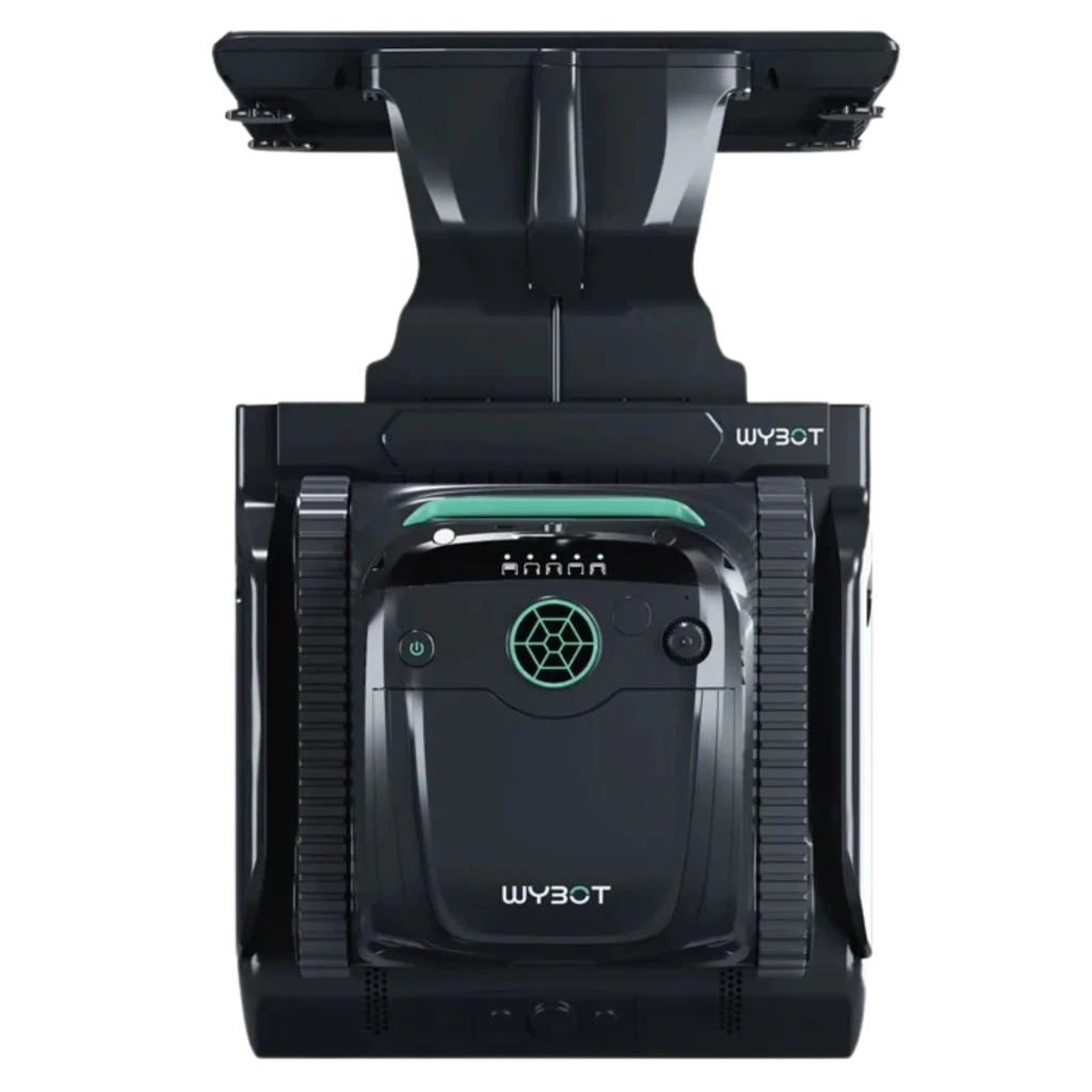 Wybot S2 Solar Vision Robot Limpiador de Piscinas con panel solar superior, ruedas de oruga robustas, diseño negro compacto y luces LED frontales