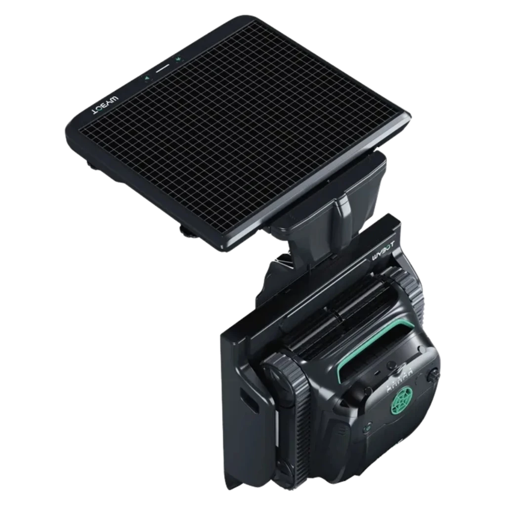 Wybot S2 Solar Vision Robot Limpiador de Piscinas con panel solar grande, cuerpo compacto negro, bordes robustos y detalles verdes; diseño modular y portátil