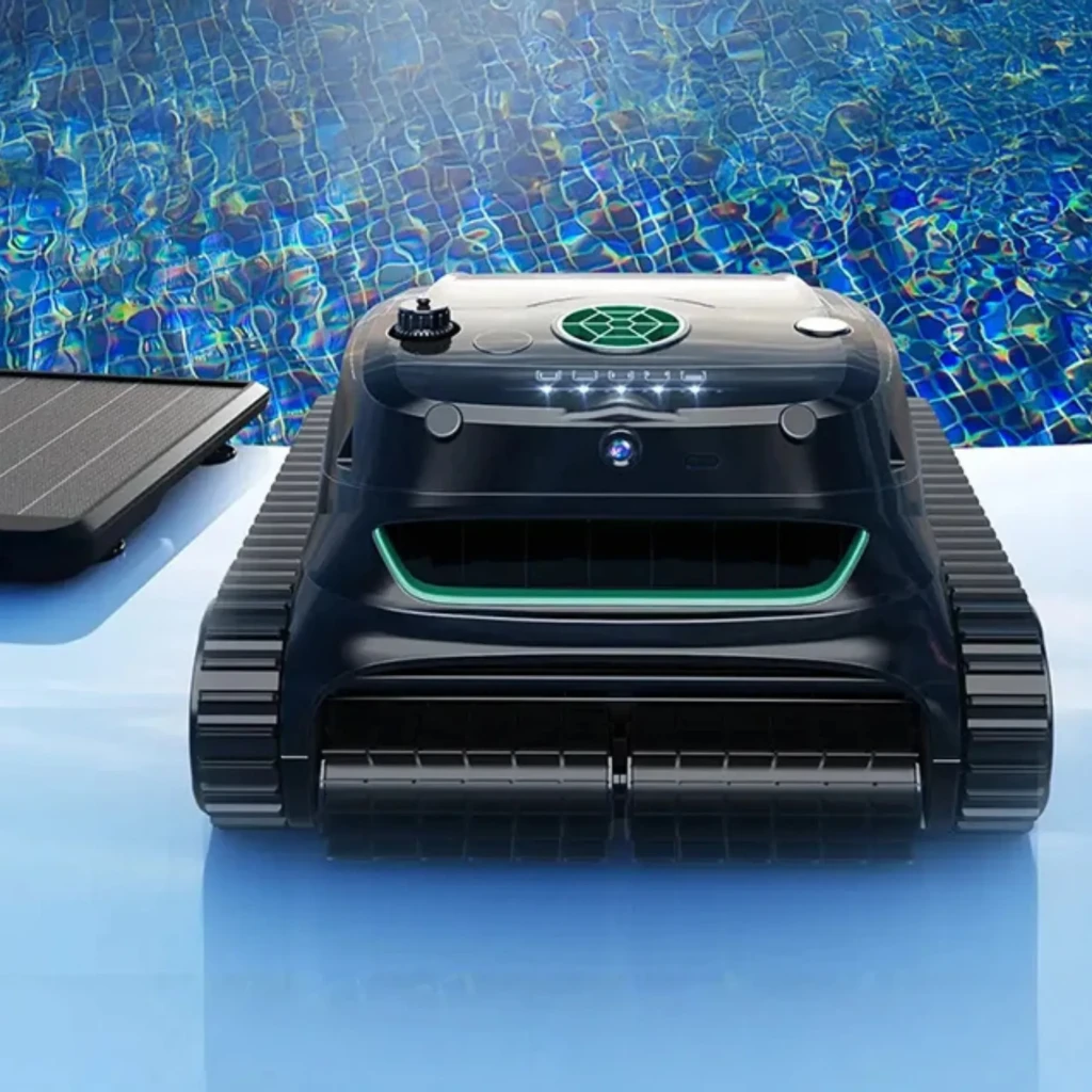 Wybot S2 Solar Vision Robot Limpiador de Piscinas con panel solar, orugas robustas y luz frontal; diseño negro brillante para limpieza en fondo y paredes