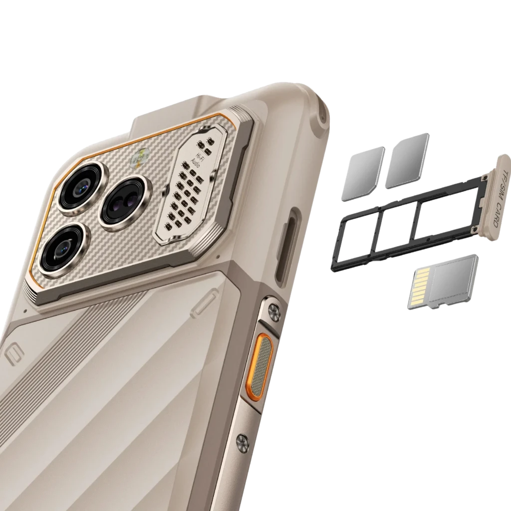 Ulefone RugOne Xever 8 256 GB Sand Dune con triple cámara trasera, módulo robusto con rejilla, botón naranja lateral, ranuras SIM y microSD externas