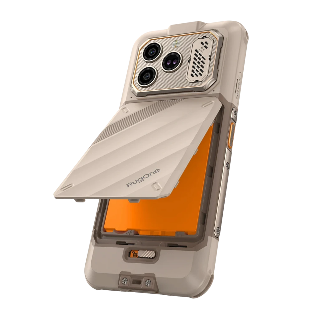 Ulefone RugOne Xever 8 256 GB Sand Dune 120Hz 8 GB con tapa trasera abatible, módulo triple de cámara, rejilla metálica y panel naranja resistente