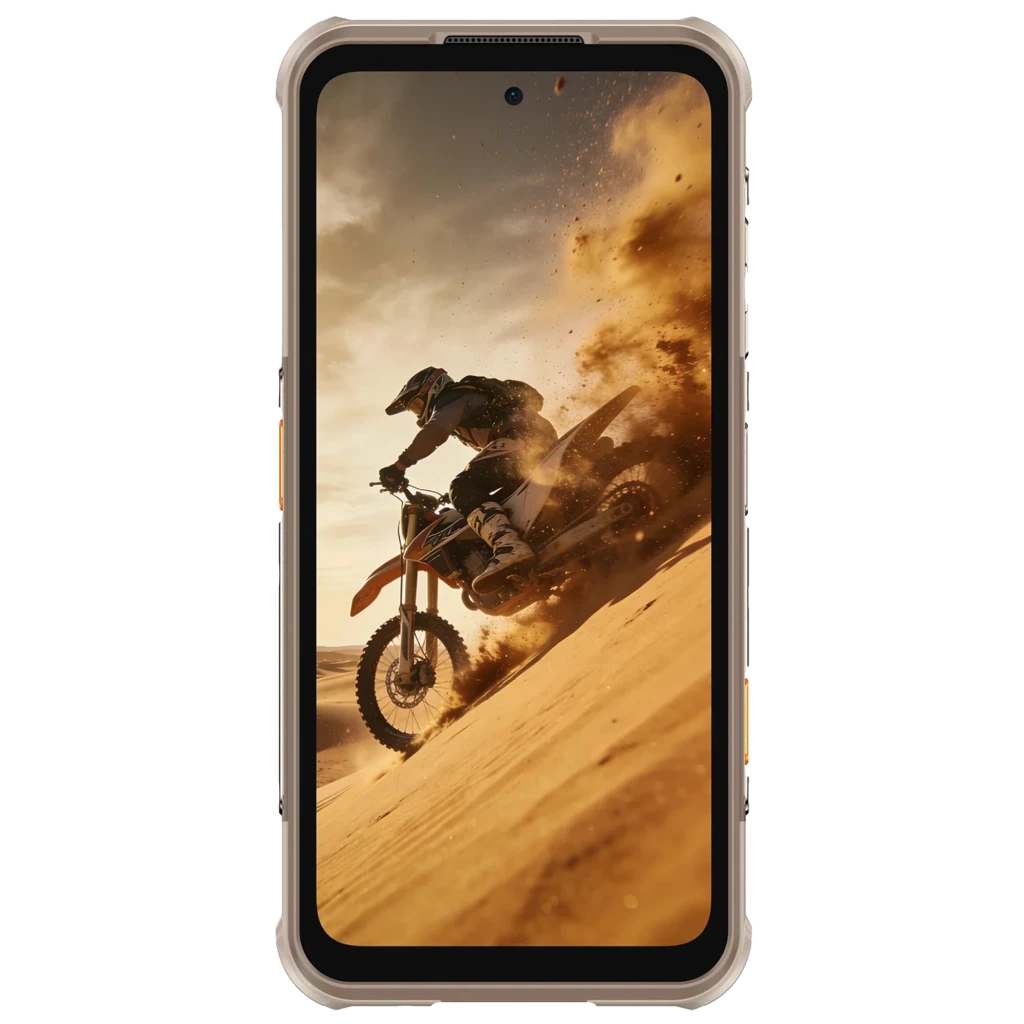 Ulefone RugOne Xever 8 256 GB Sand Dune con pantalla 120Hz; frontal robusto beige, marco reforzado y cámara selfie centrada en perforación