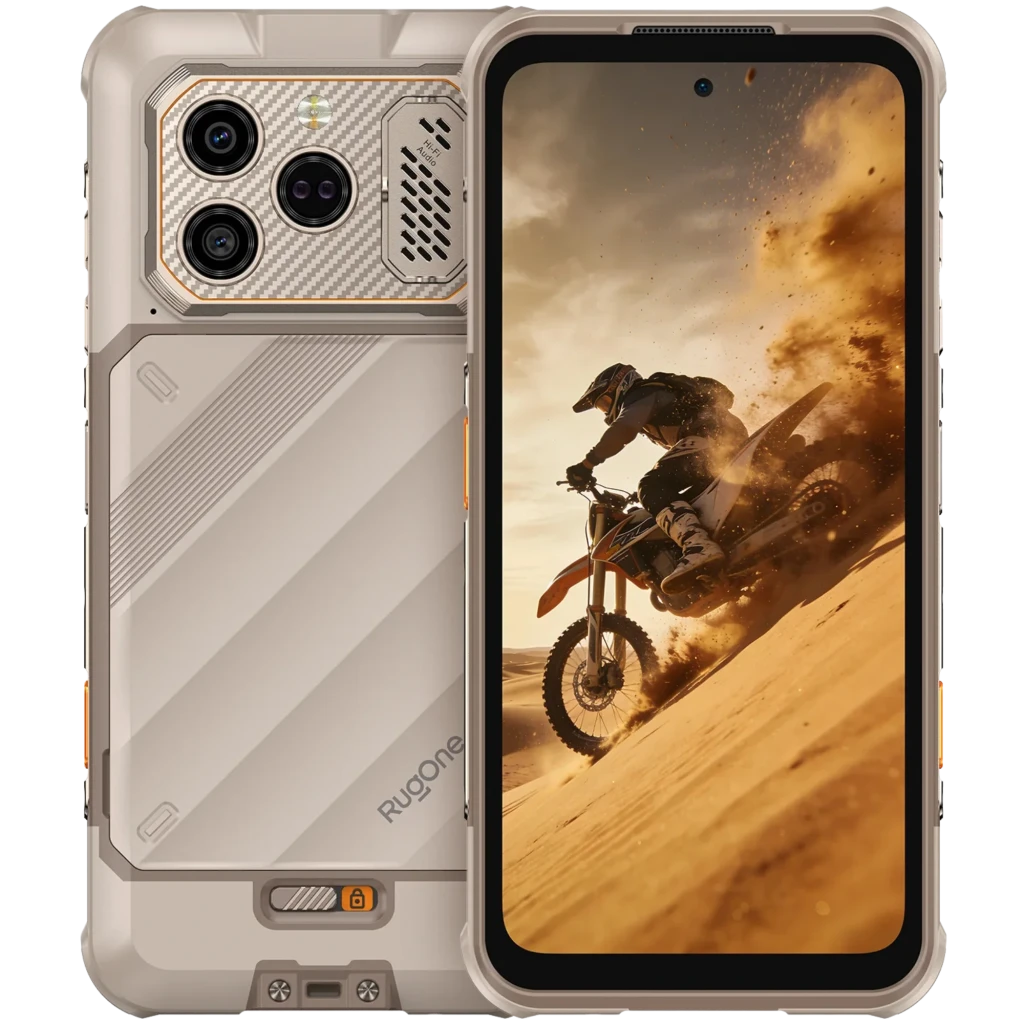 Smartphone rugerizado beige arena con triple cámara trasera, pantalla con biseles reforzados, botones naranjas, textura antideslizante y certificación IP68