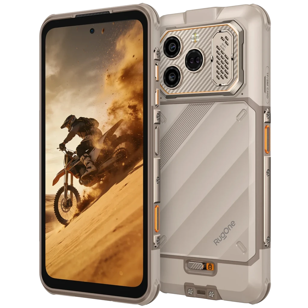 Ulefone RugOne Xever 8 256 GB Sand Dune con cuerpo robusto beige, triple cámara trasera con módulo metálico, pantalla 120Hz y detalles naranjas rugged