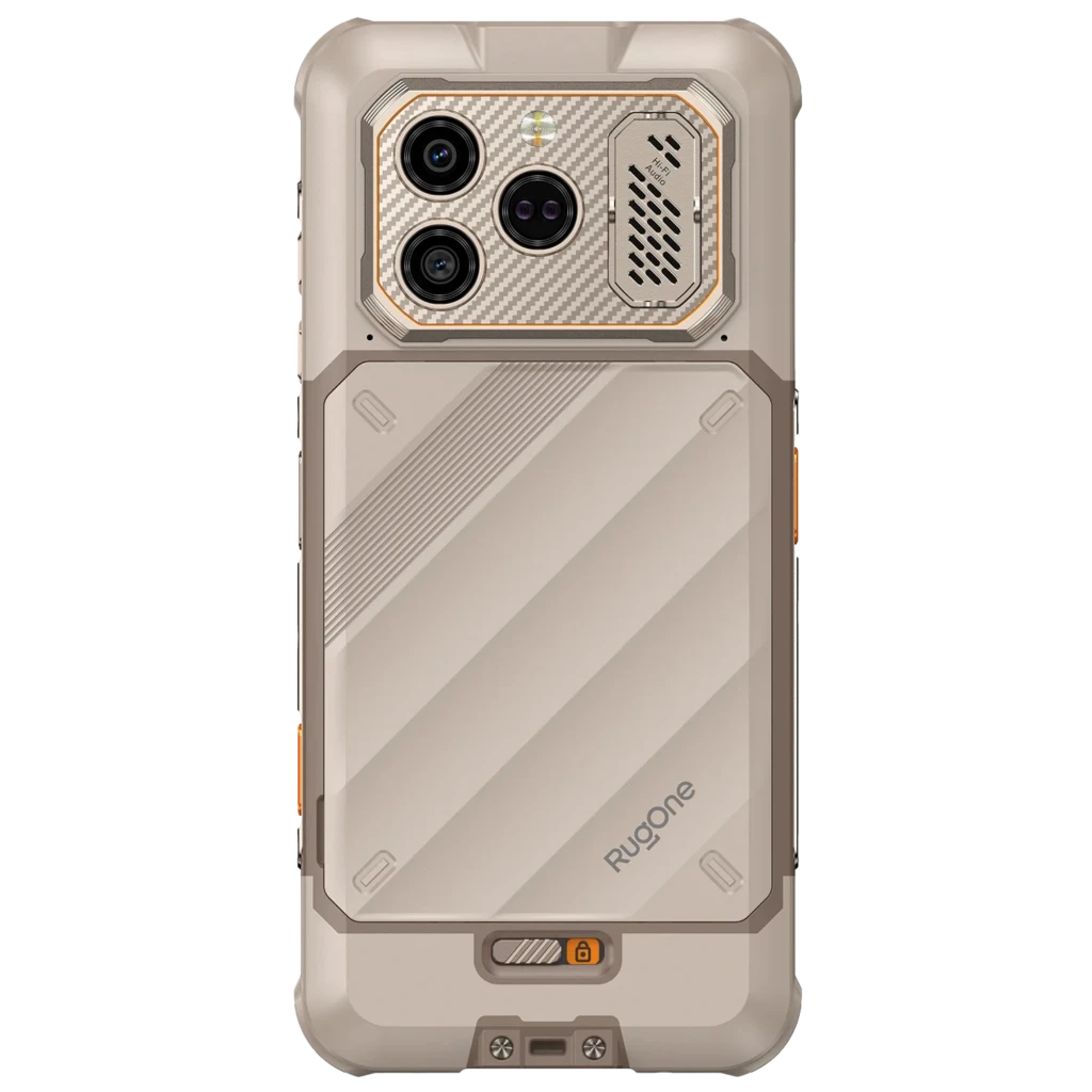 Ulefone RugOne Xever 8 256 GB Sand Dune: carcasa robusta beige, triple cámara trasera con módulo metálico, texturas antideslizantes y detalles industriales