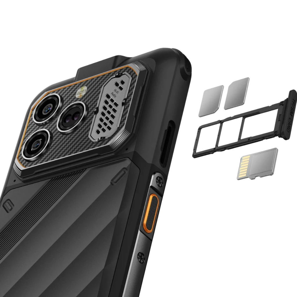 Ulefone RugOne Xever 8 128 GB Negro IP68 con triple cámara trasera, módulo robusto con detalles naranjas, ranura SIM dual y microSD, botón lateral rugerizado