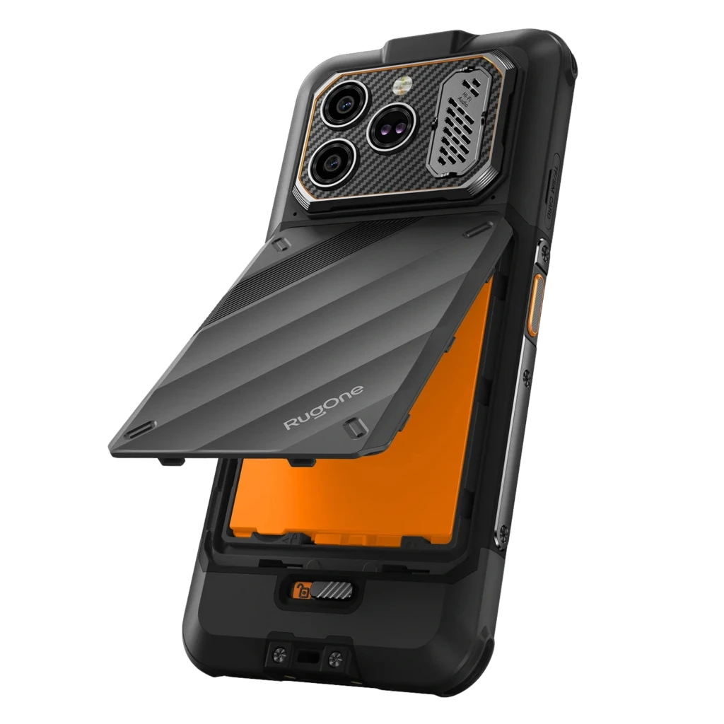 Ulefone RugOne Xever 8 128 GB Negro IP68 8 GB con carcasa robusta, módulo trasero con triple cámara y tapa protectora abatible, detalles naranjas y rejilla