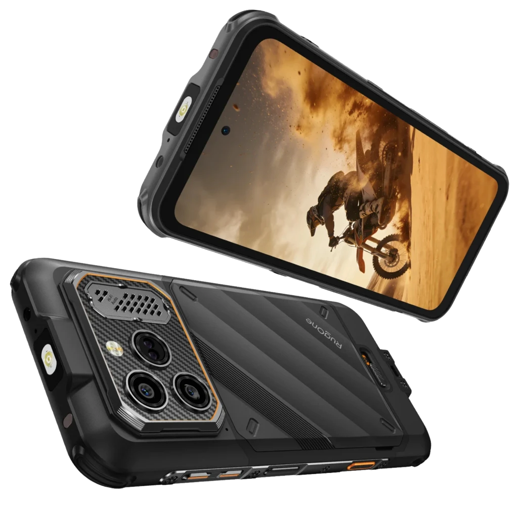 Ulefone RugOne Xever 8 128 GB Negro IP68 con diseño robusto, triple cámara trasera, pantalla perforada y bordes reforzados con detalles naranjas