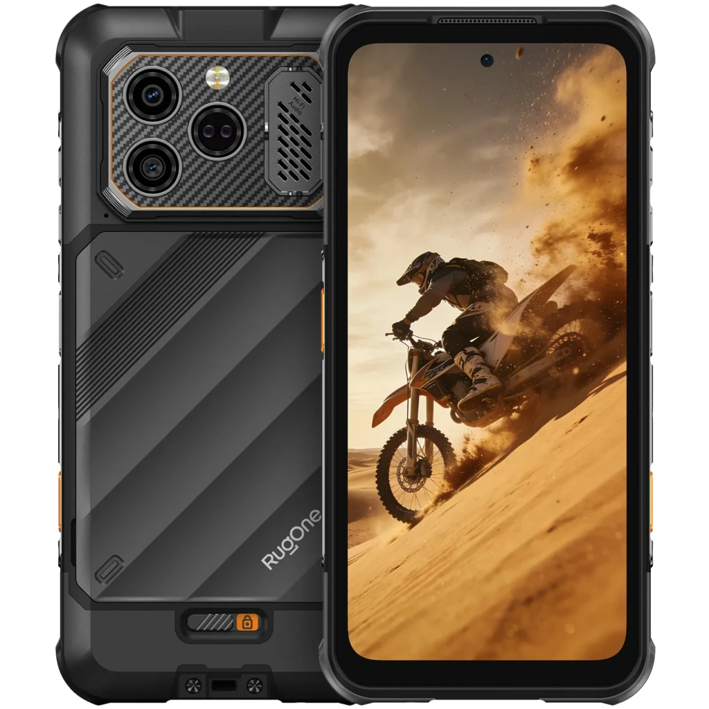 Ulefone RugOne Xever 8 256 GB negro, pantalla 6,50", cuerpo rugerizado negro con detalles naranjas, triple cámara trasera y frontal perforada central