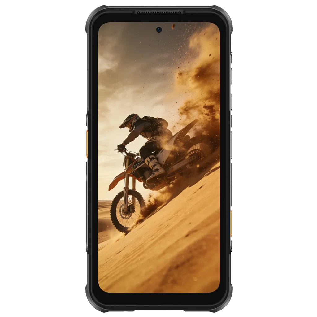 Ulefone RugOne Xever 8 128 GB Negro IP68 8 GB con pantalla frontal mostrando acción de motocross en arena; marco robusto con bordes reforzados y cámara