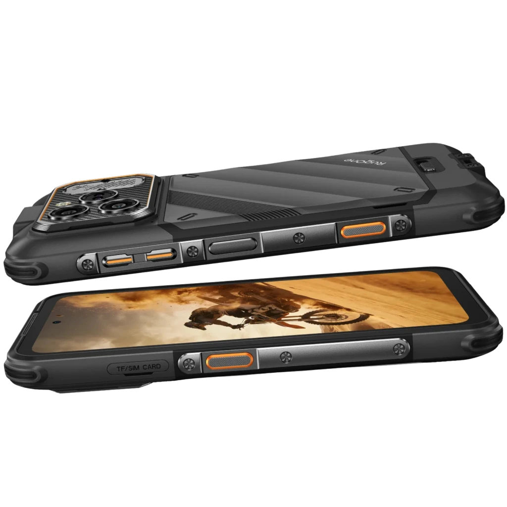 Smartphone rugerizado negro Ulefone RugOne Xever 8 con carcasa robusta IP68, marco reforzado, botones naranjas, triple cámara trasera y pantalla amplia 6.1
