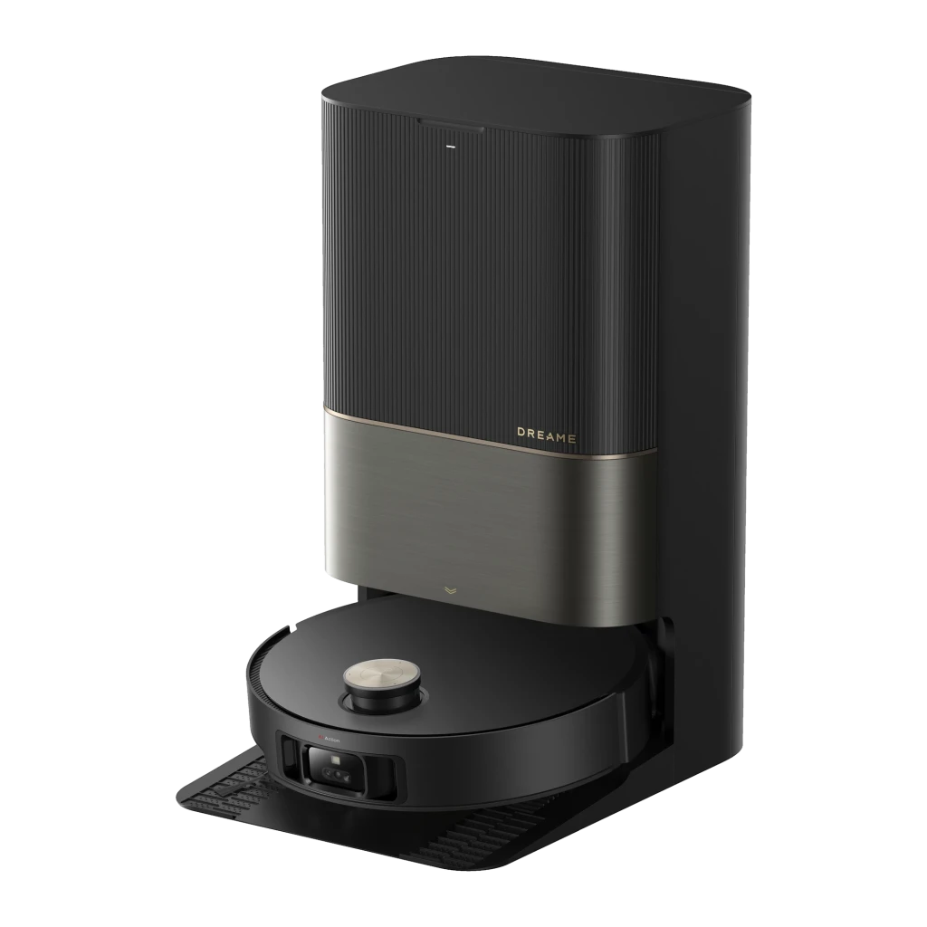 Base de autovaciado negra con acabado metálico y robot aspirador fregasuelos circular, sensor frontal y tapa superior, diseño elegante y compacto