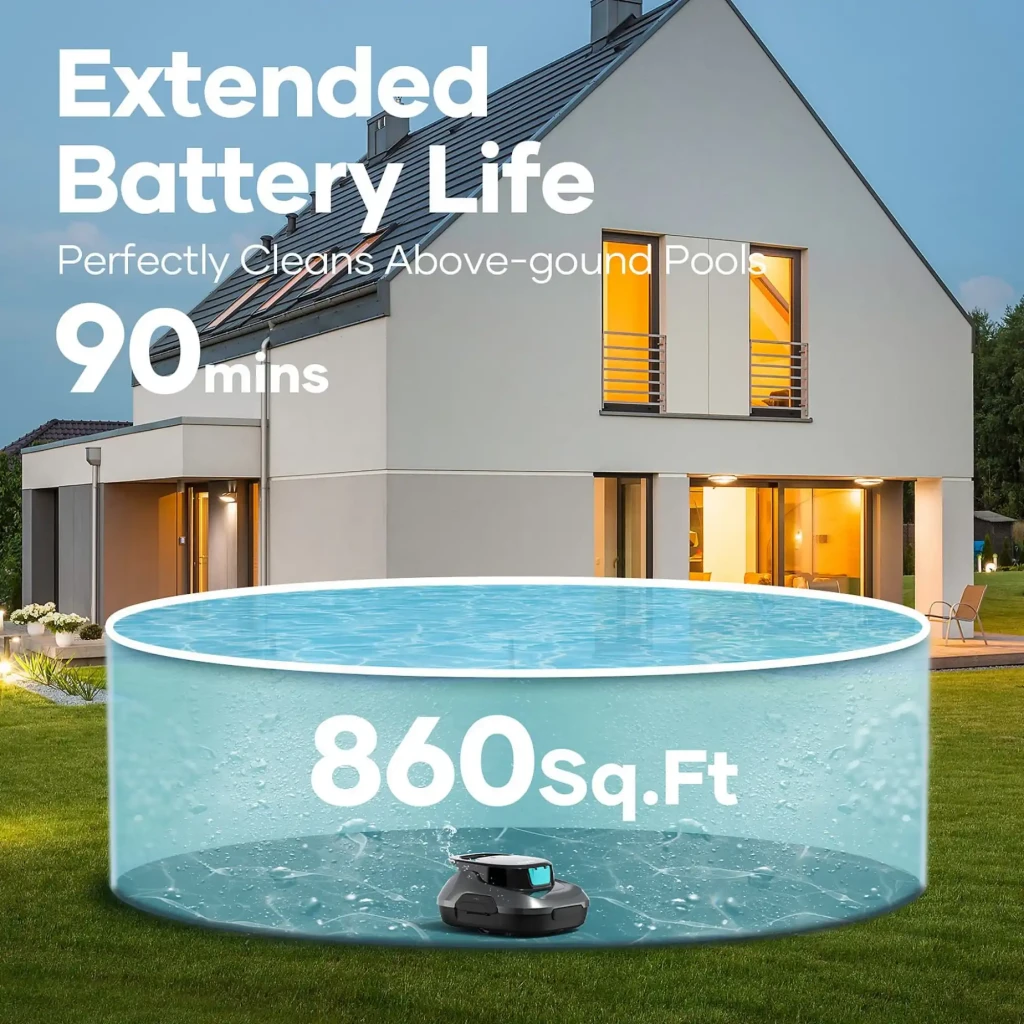 Aiper Scuba SE Robot Aspirador Inalámbrico Gris para piscinas elevadas; diseño compacto gris oscuro, base con ruedas y luces LED; cubre hasta 860 sq ft, 90