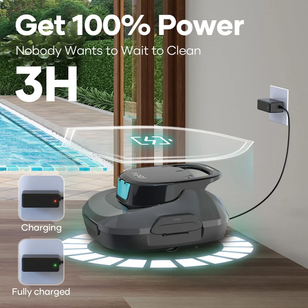 Aiper Scuba SE Robot Aspirador Inalámbrico Gris con base de carga, luz indicadora de batería, diseño compacto y pantalla frontal azul; carga completa en 3 h